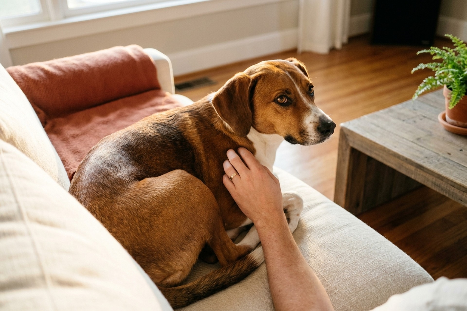 A beagle-mix rescue dog content on a couch in a warm Florida home, a person's hand gentle on its back — healthy, happy, and in a home.