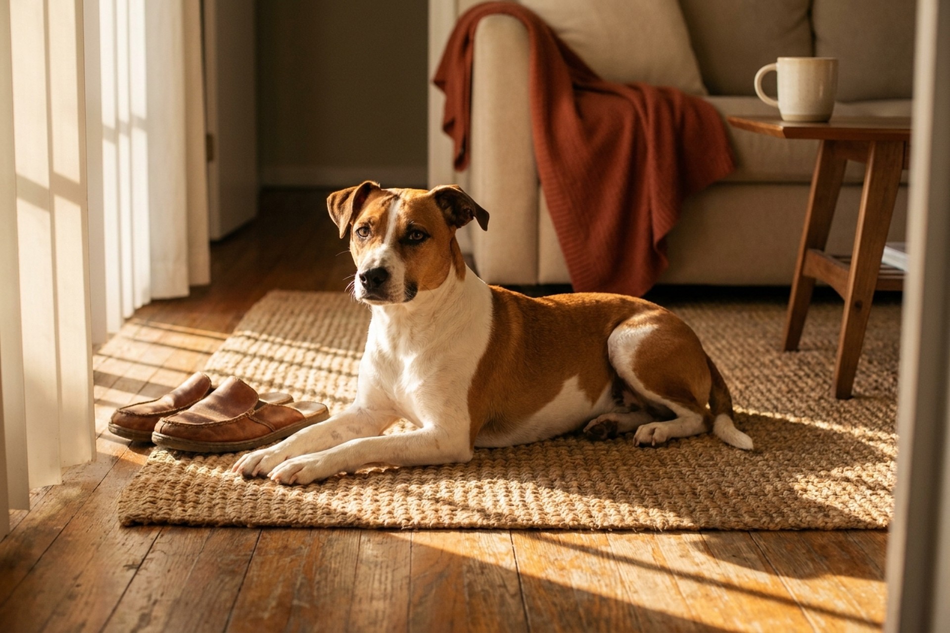A mixed-breed rescue dog lying alert on a jute rug in a sun-dappled Florida home, slippers nearby — healthy, happy, and in a home.