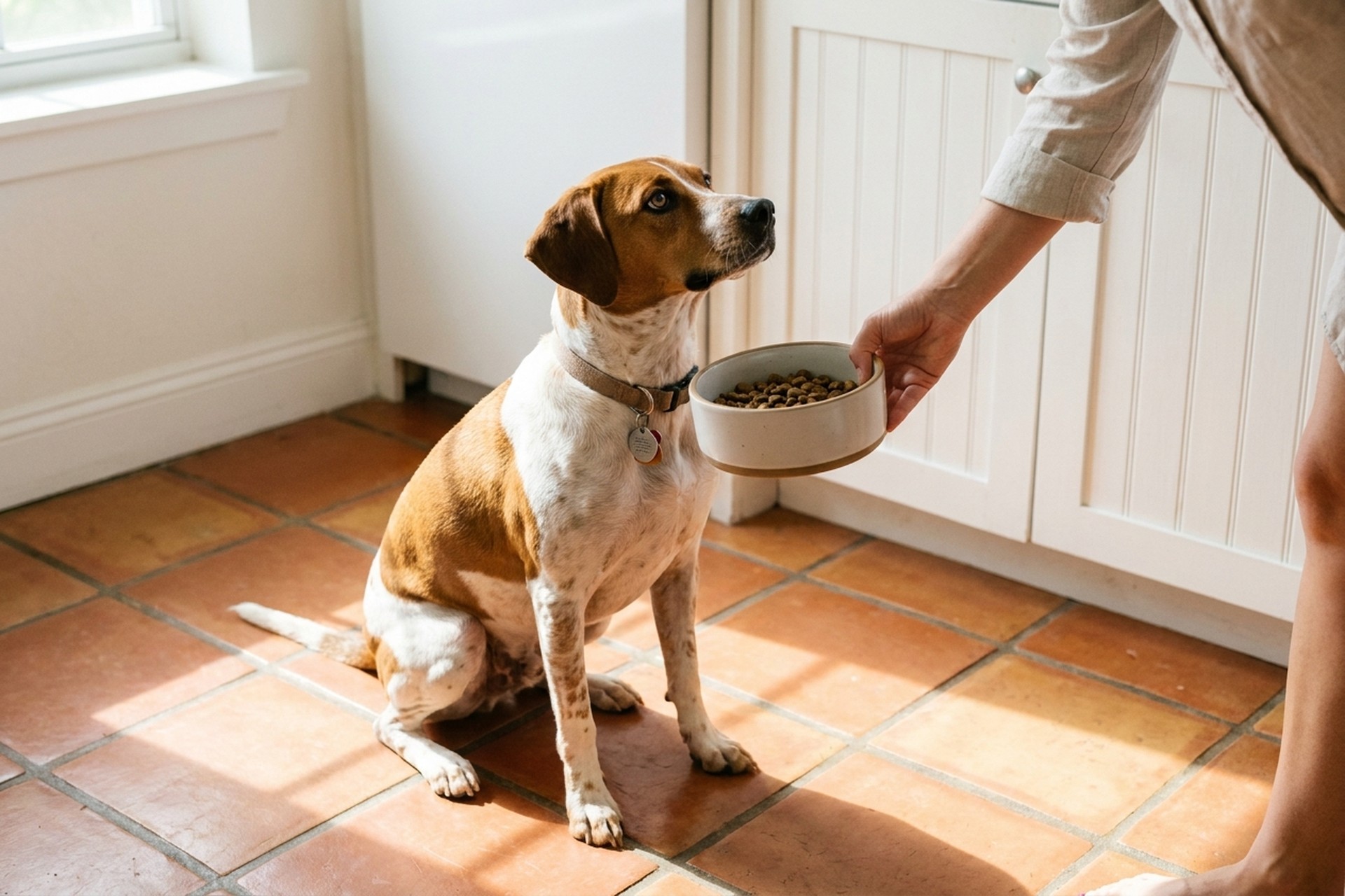 A smooth-coat hound-pointer rescue mix sitting attentively in a Florida home kitchen, caregiver's hand offering a ceramic bowl of kibble, saltillo terracotta tile floor catching warm window-light, white beadboard cabinetry