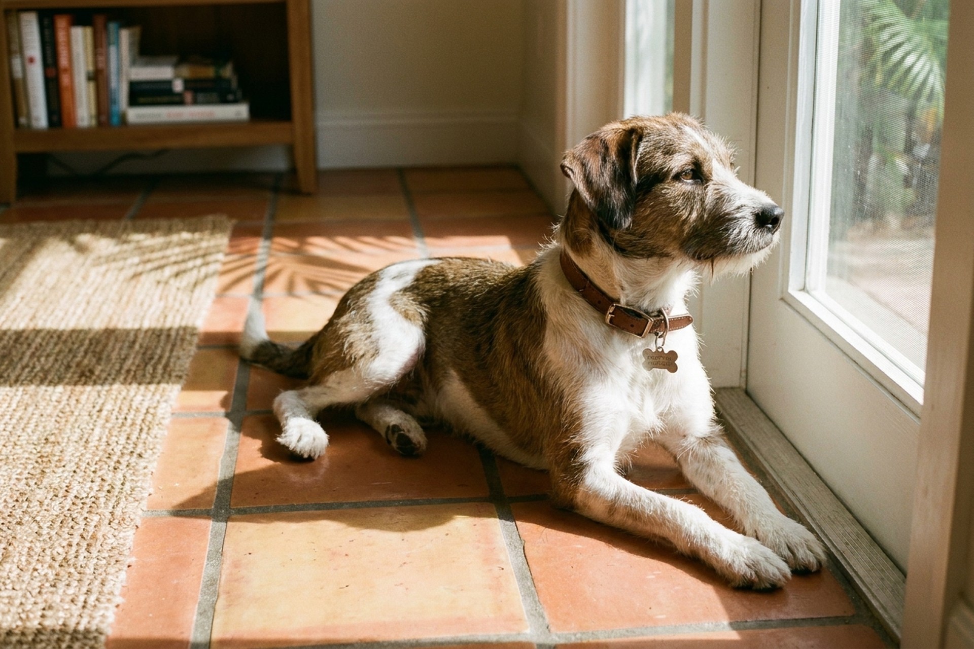 A wire-haired rescue mutt at-ease in a Florida home, reclining on saltillo terracotta tile with palm-frond shadow dapple — the outcome: healthy, happy, and in a home