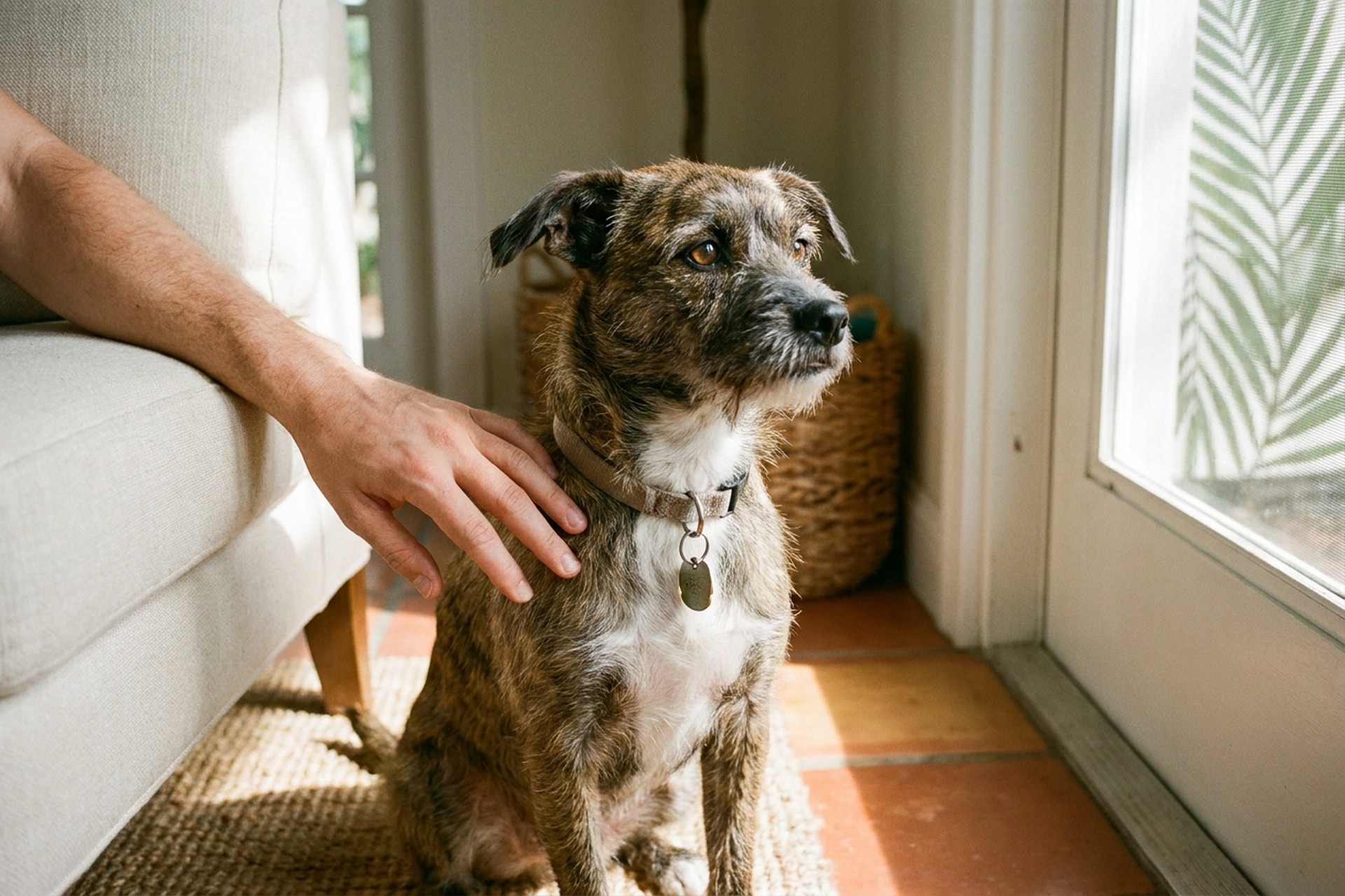 A scruffy wire-haired brindle-and-white rescue mutt sitting alert in a Florida home — bonded with a caregiver's hand on its shoulder, cream chair and woven basket behind, saltillo tile and screen door view of palm fronds