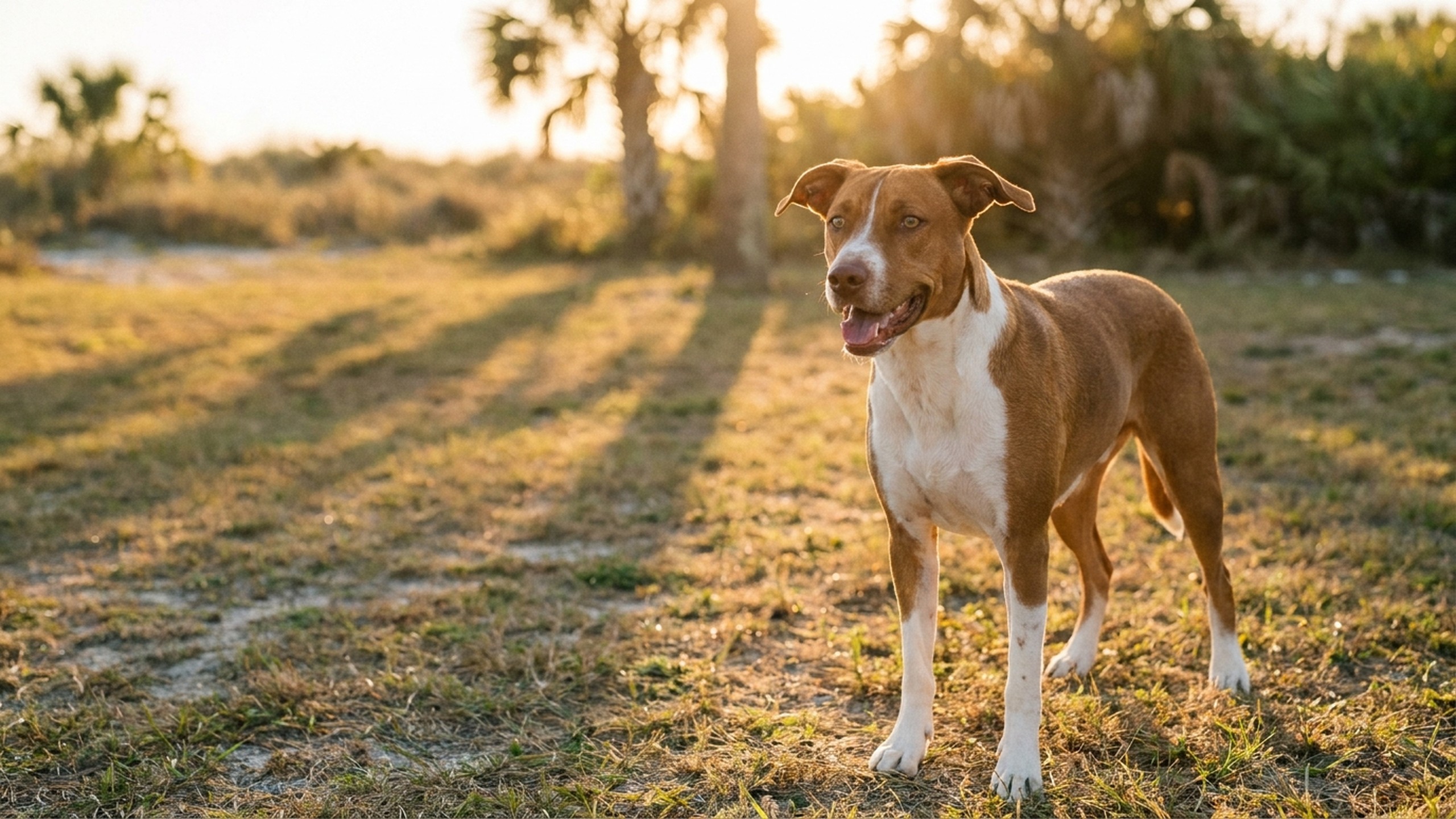 A confident pointer-mix rescue dog standing in warm Florida grass at golden hour, ears engaged forward, eyes bright