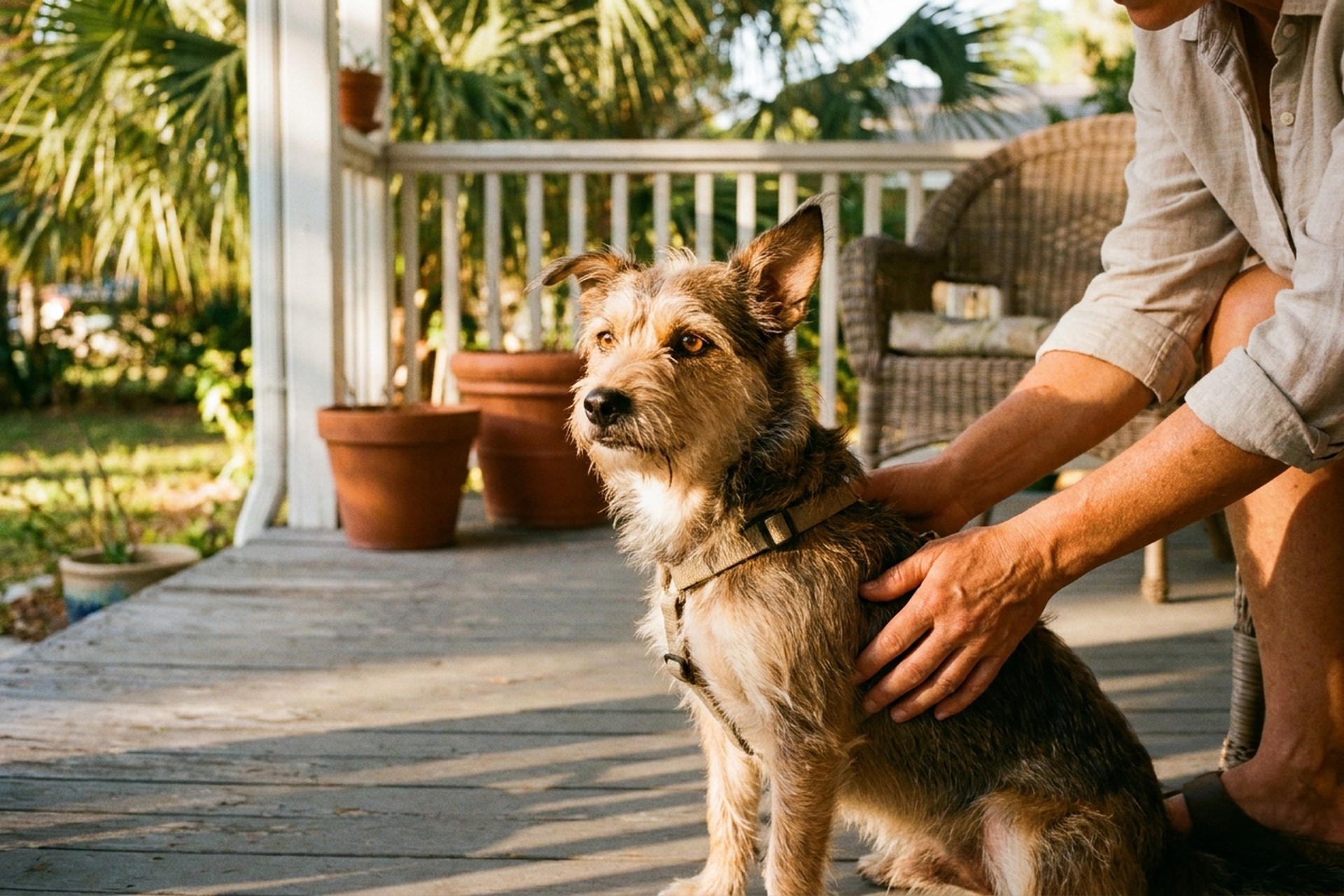 A small terrier-mix rescue sitting alert on a Florida porch with weathered wood and palm fronds, caregiver hand on its back, terracotta planters in soft focus