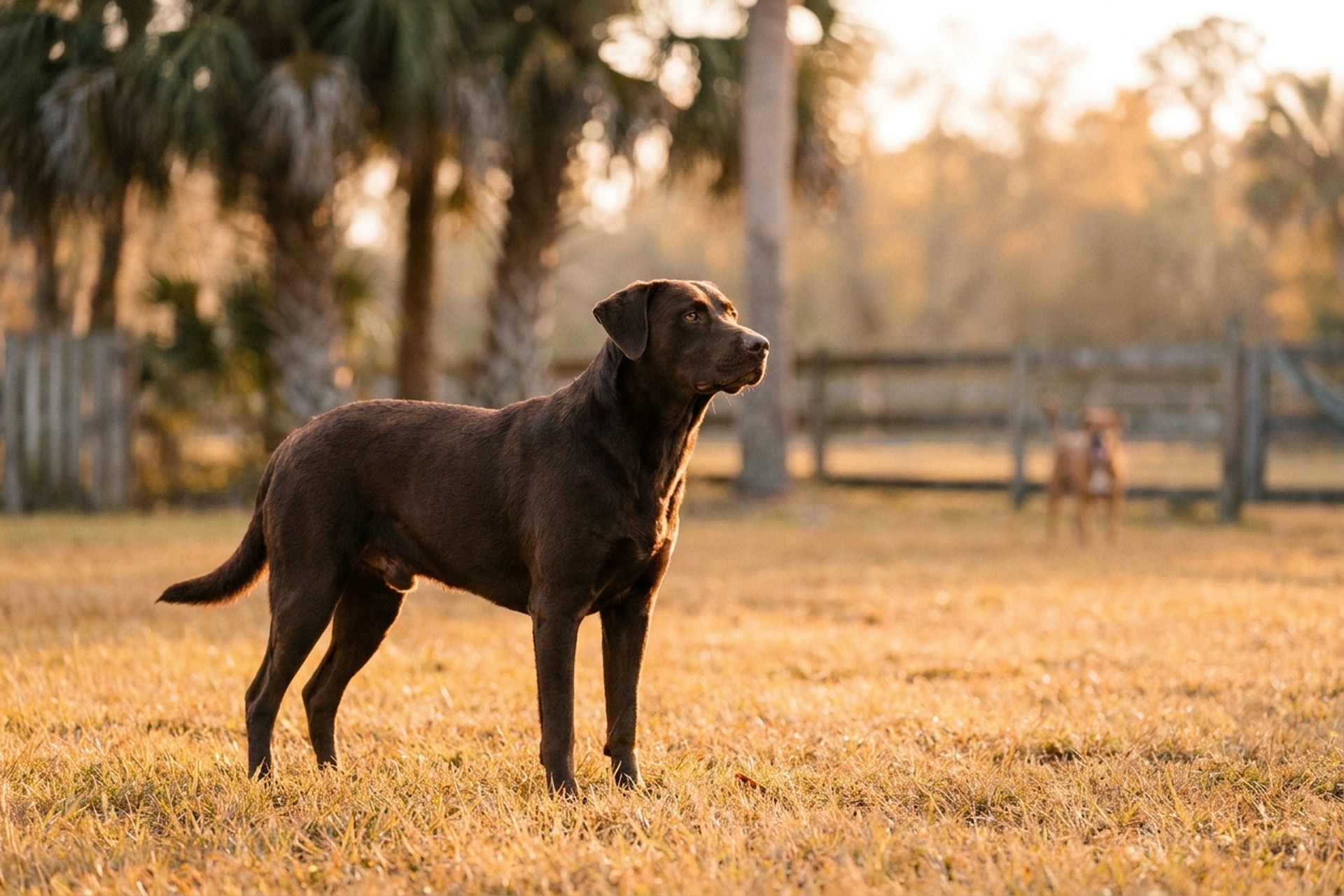 A chocolate lab mix standing alert in warm sanctuary grass at golden hour, palm silhouettes and a second dog in soft-focus distance