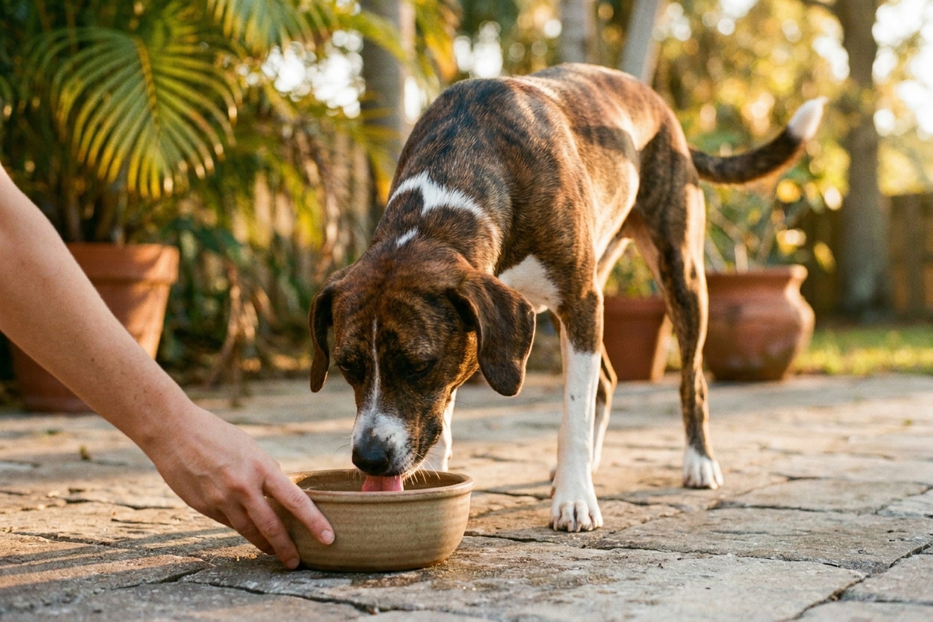 A brindle hound-mix rescue with a healthy glossy coat drinking from a ceramic bowl on a Florida flagstone patio, tail up, terracotta planters in soft focus